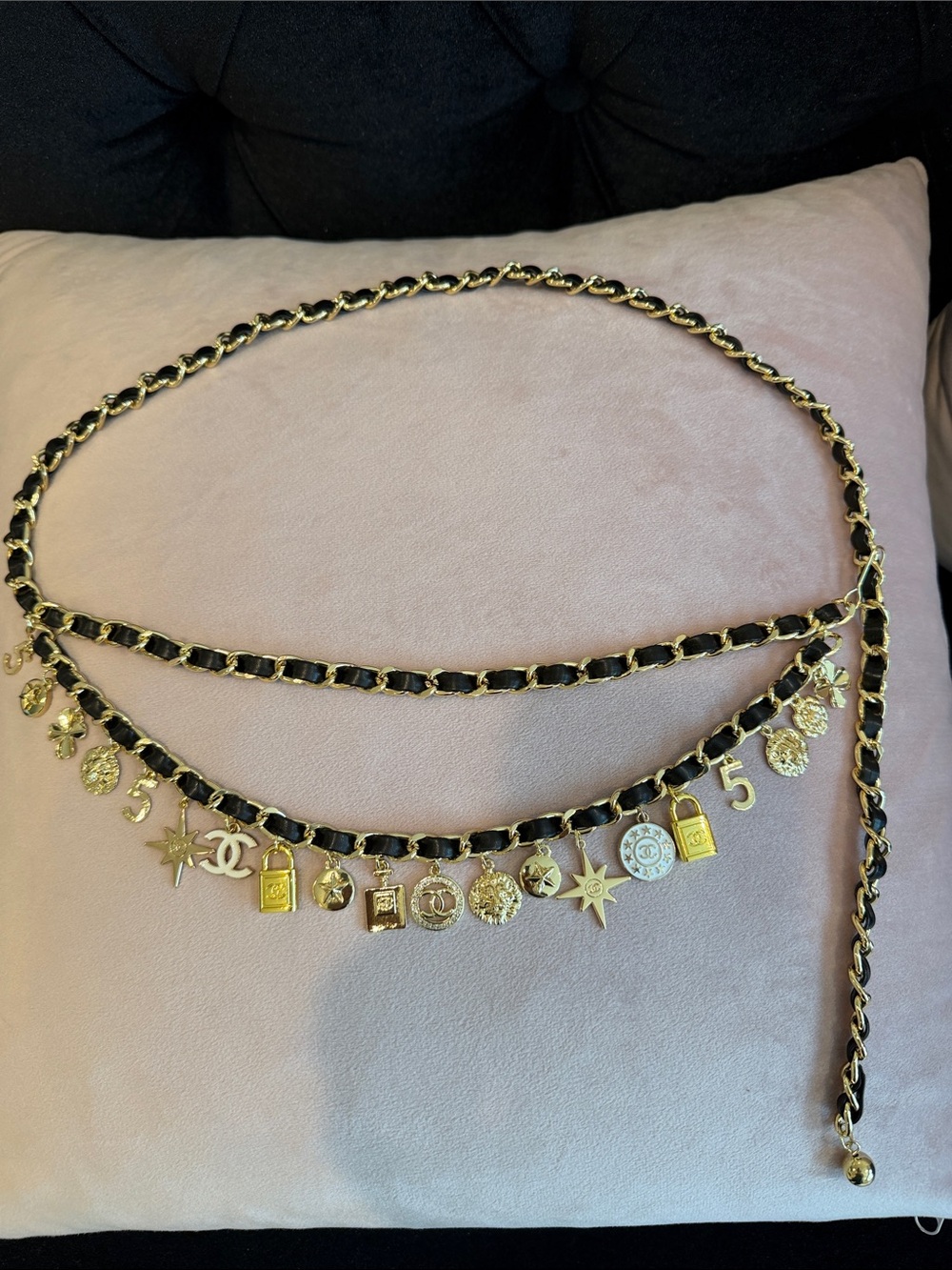 CHANEL Black and Gold Charm Chain Belt